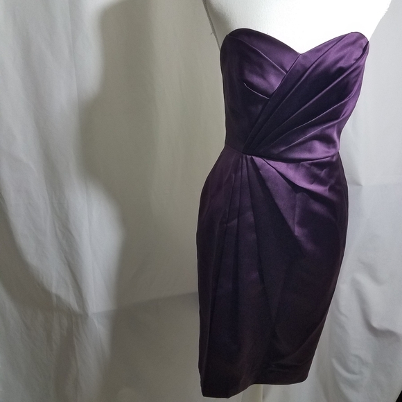 David's Bridal Purple Short Satin Strapless Dress 6 - Picture 6 of 16